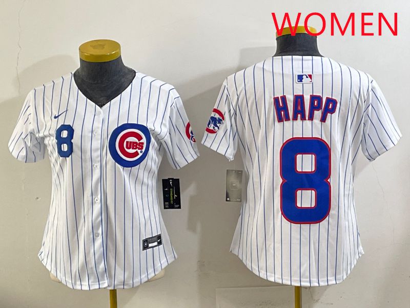 Women 2025 Chicago Cubs #8 Happ White Stripe Game Nike MLB Jersey style 4->women mlb jersey->Women Jersey